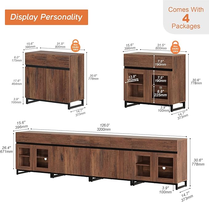 WAMPAT Modern TV Stand for TVs up to 120 inch, 4 in 1 TV Console with Glass Doors and 2 Drawers, Entertainment Center with Adjustable Shelf for Living Room, Bedroom, Brown
