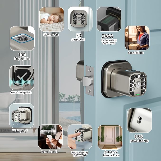 Richelock Fingerprint Door knob, Smart Biometric Door Lock with Keypad, Keyless Entry Code Door Knob, Waterproof & Weatherproof , Auto Lock ,Voice Navigation, For Bedroom, Gate,Office -Satin Nickel