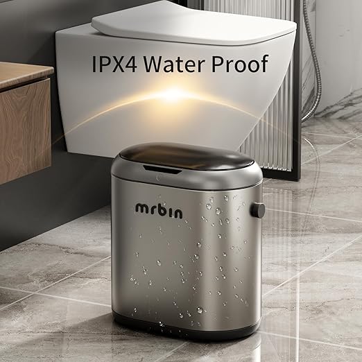 MRBIN Automatic Adsorption Metal Trash Can for Bathroom, Touchless Garbage Bin with Lid, 3.2 Gallon Slim Trash Can for Office and Bedroom, Electric Motion Sensor Waste Basket, Eclipse Grey