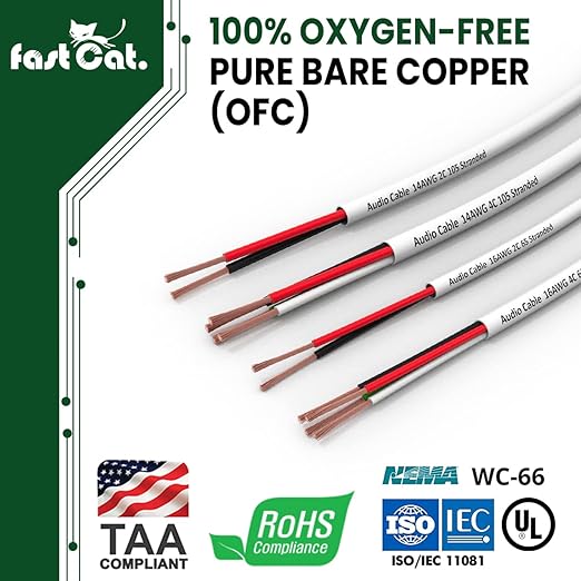 fast Cat. Speaker Wire 14 Guage 2C, UL Listed & CMR/CL3R-FT4 Rated - Speaker Cable w/PVC Jacket, 100% Oxygen-Free Pure Bare Copper - (105) HighFlex 14 Guage Wire - in-Wall Use-500ft Bulk Cable, Blue