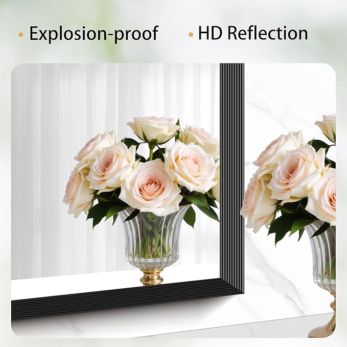 Black Bathroom Mirror 18 x 24 Inch Rectangle Wave Beveled for Wall Bathroom Vanity Mirror for Over Sink, Tempered Glass,for Entryway Hangs, Bathroom Living Room Horizontal or Vertical