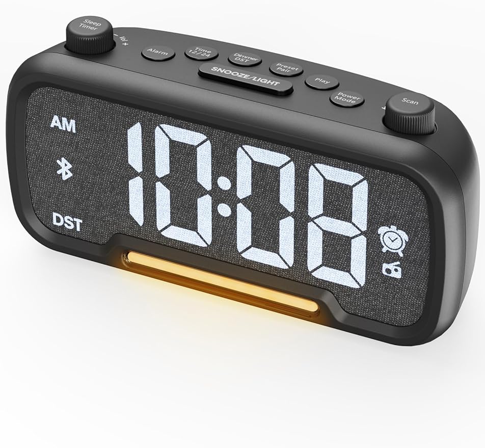 ROCAM Alarm Clock Radio with FM Radio, Sleep Timer, Auto Scan 20 Presets & Easy-Tune Knob, Wake to Radio/Beep, Bluetooth 5.0 Speaker Modern Design for Bedroom & Office