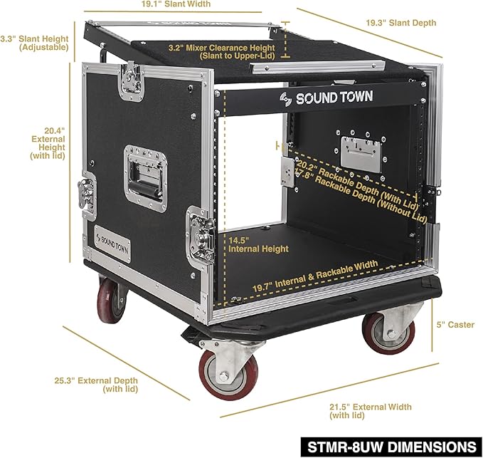Sound Town High-Quality 1/2” (12mm) Plywood 8U PA DJ Pro Audio Rack/Road ATA Case with 11U Slant Mixer Top, Locking Drawer, 20.2’’ Rackable Depth and Casters (STMR-8D2)