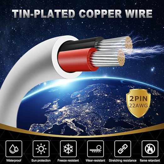 22 Gauge 2 Conductor Electrical Wire, 65.6FT White Stranded Low Voltage 22/2 PVC Case, 22 AWG Tinned Copper 2 Wire Extension Power for Strips LED Lamp Lighting