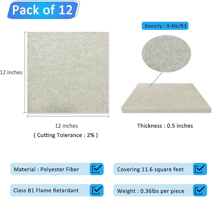 BXI Thickened Sound Absorbing Panels - 12 Pack 12 X 12 X 0.5 Inches Dense Acoustic Panels, Echo Noise Reducing Sound Panels, Tackable Studio Panels for Wall and Ceiling Acoustic Treatment