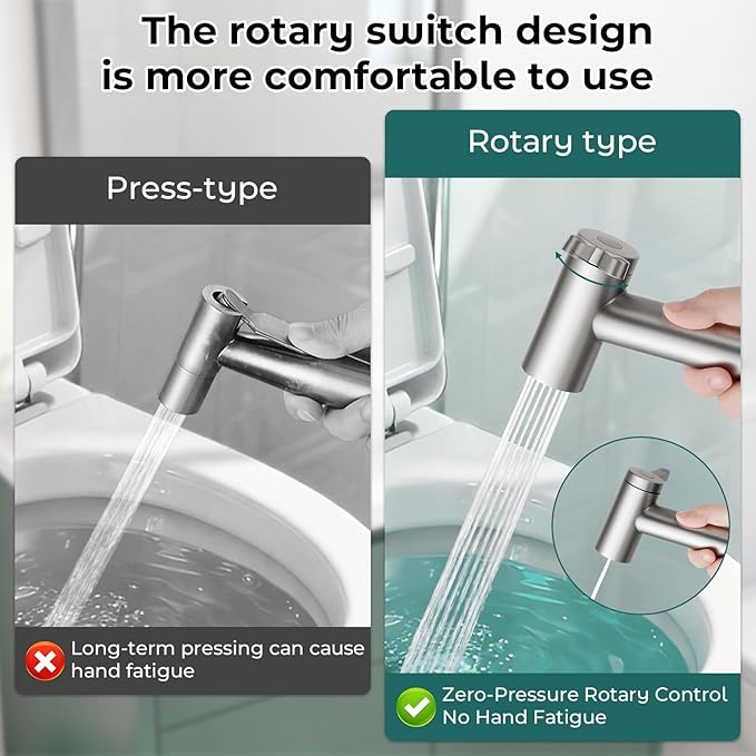 Handheld Bidet Sprayer for Toilet, Adjustable Water Pressure Control Rotary Switch with Bidet Hose, Exclusive Single Nozzle High Pressure Mode for Cleaning Stubborn Stains, Brushed Nickel