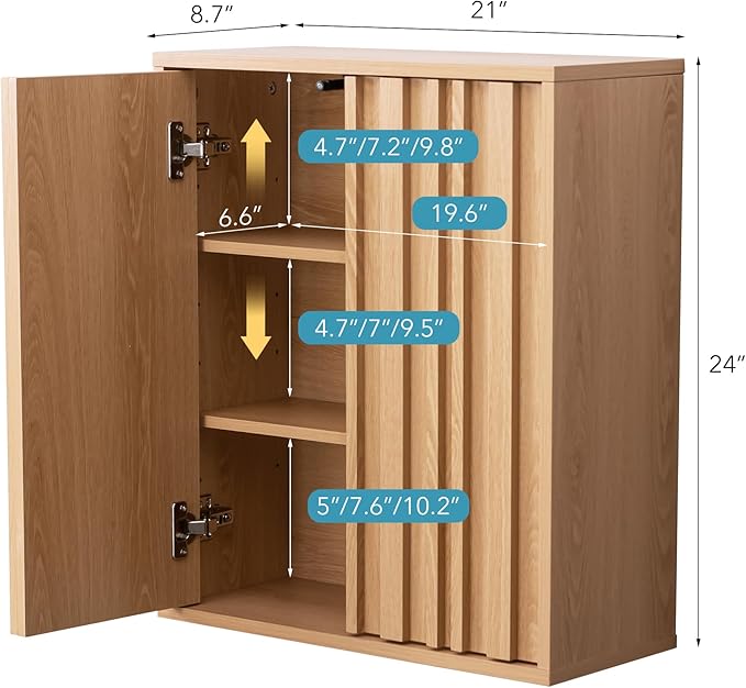 Fluted Wall Cabinet for Bathroom, Modern Wood Hanging Storage Organizer with Push-to-Open Doors, Sturdy 15mm Thick Board, Adjustable Shelves, Over Toilet Medicine Cabinet, Natural Oak Finish