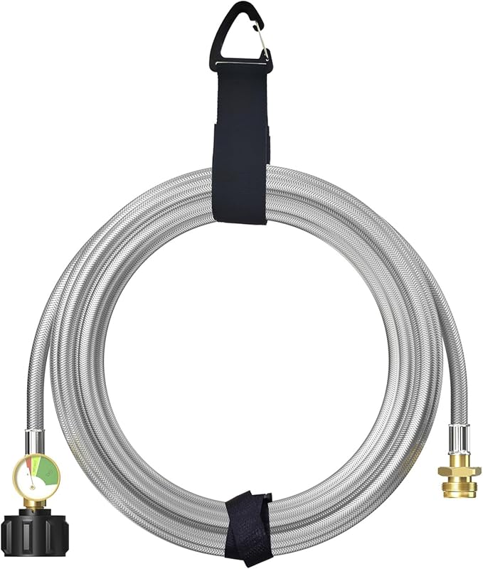 NQN 12FT Stainless Braided Propane Adapter Hose with Gauge, Propane Tank Hose Adapter 1lb to 20lb Converter for QCC1/Type1 Coleman Camp Stove, Buddy Heater, Tabletop Grill&More 1lb Portable Appliance