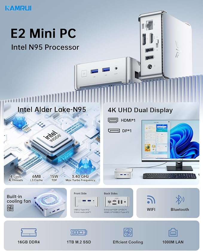 KAMRUI Essenx E2 Mini PC, 16GB RAM 1TB SSD Mini Computers,12th Alder Lake N95 (Beat N100, up to 3.4GHz) Micro PC, HDMI+DP1.4 Dual 4K UHD Small PC,Gigabit Ethernet,WiFi,BT,Home/Office Mini Desktop pc