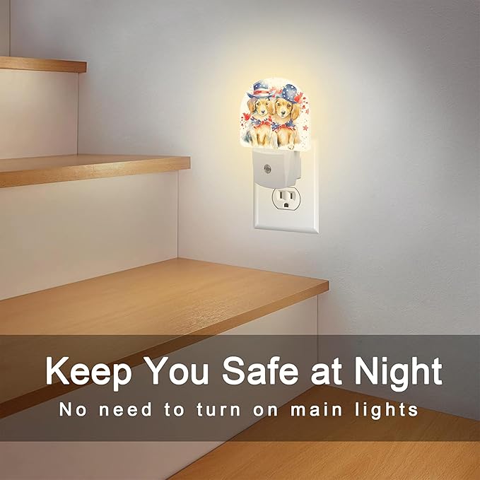 sndheke USA Flag Dog Couple Night Light Plug into Wall, American Patriotic Cute Dogs Dusk to Dawn Night Light Plug in,0.5w Energy Saving Sleep Friendly NightLight for Kids Boys Girls Home Decor
