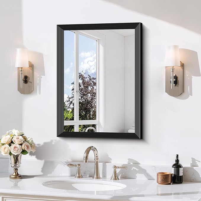 Black Bathroom Mirror 18 x 24 Inch Rectangle Wave Beveled for Wall Bathroom Vanity Mirror for Over Sink, Tempered Glass,for Entryway Hangs, Bathroom Living Room Horizontal or Vertical
