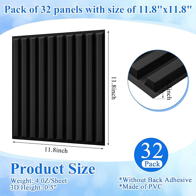 Nuanchu 32 Pcs 3D Slat Wall Panels 12 x 12 Inch PVC Fluted Textured Panel Cuttable Paintable DIY Wall Art Decorative Tiles for Ceiling Studio Bathroom Interior TV Background (Black)