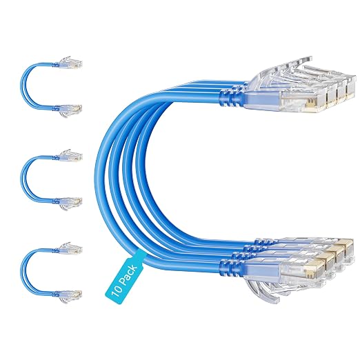 Cat6 Slim Patch Cables 0.5 Feet 10-Pack Blue, Cat6a Patch Cables 10Gbps 550MHz by Unknown