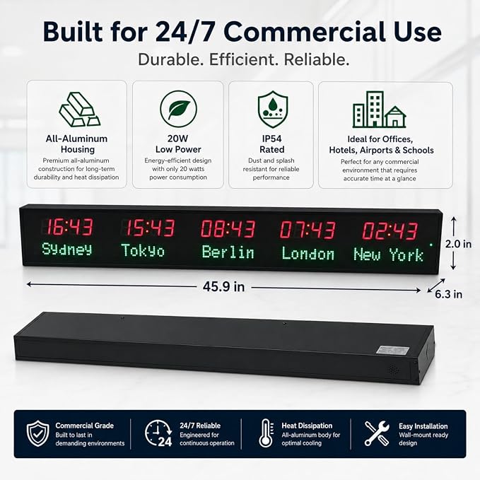 LED World Clock 5 Time Zones, WiFi Auto-Sync Digital Wall Clock, Wide Viewing - Image 3