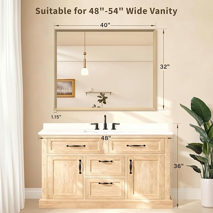 Oak Wood Effect Framed Wall Mirror, 32x40 Rectangle Mirror, Anti-desilvering Tempered Glass, Sustainable& Sturdy Frame, Anti-Rust, HD Reflection &3min Fast Setup for Bathroom Living Room
