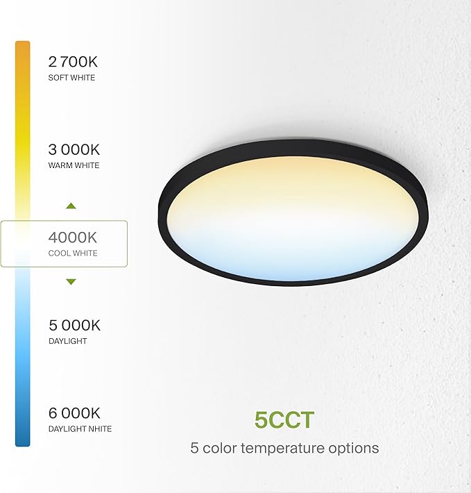 ASD LED 12" Round Flush Mount Ceiling Light Fixture, Low Profile Surface Lighting | 5CCT, Dimmable, Ultra-Thin, ETL Listed | 24W 1900LM 2700-6000K 120V | Kitchen, Bedroom, Hallway Lamp | Black, 4 Pack