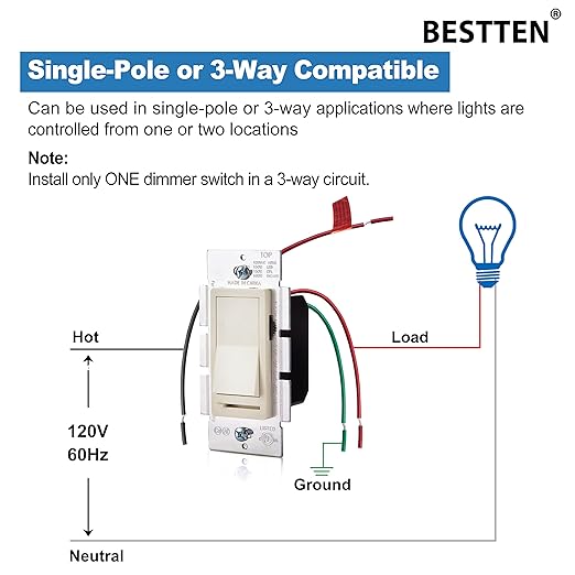 BESTTEN 6 Pack Dimmer Wall Light Switch, Compatible with Dimmable LED, CFL, Incandescent and Halogen Bulb, Single Pole or 3-Way Dimmer Switches, 120VAC, Decorator Wallplate Included, Almond