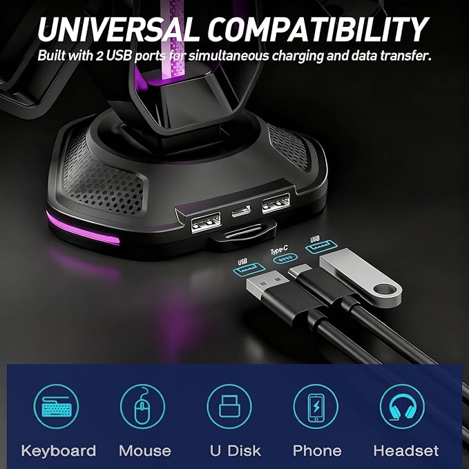 Oritikur RGB Headset Stand with 9 Light Modes and 2 USB Charging Ports - Controller Holder for Desk - Headphone Stand & Detachable Controller Hook for PC Earphone Gaming Room Setup Accessories
