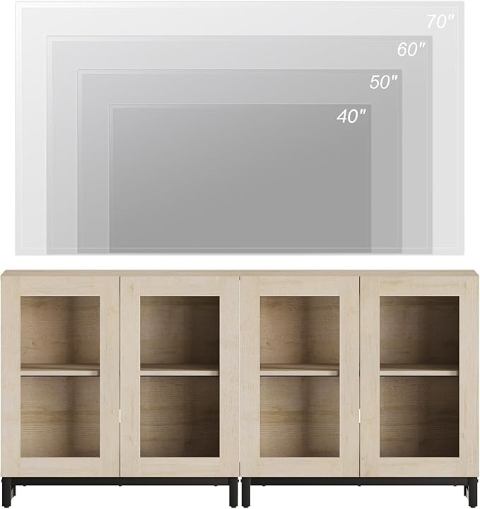 WAMPAT Modern TV Stand with Glass Doors for 32-70 inch TVs, 2 in 1 Entertainment Center Console with Adjustable Shelves for Living Room, Bedroom, Light Oak