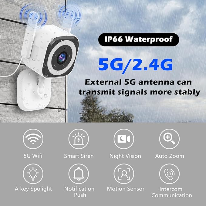 GUOANVISION Dual-Antenna Stable 5G WiFi Camera for Home Security,3X Zoom 2K Outdoor Indoor Security Camera,Baby/Pet Monitor wih Color Night Vision,Motion Detection,2-Way Talk,Siren,IP66, SD Card/Cloud