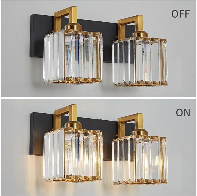 FDPBY Modern Bathroom Vanity Light 2-Lights Black Gold Crystal Wall Lamp Bathroom Modern Crystal Vanity Lighting