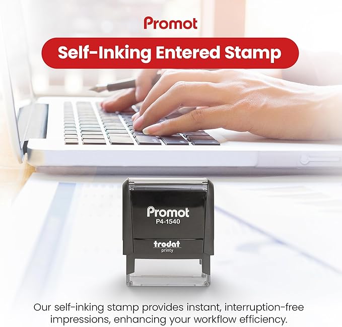 Promot Entered Self Inking Rubber Stamp - Refillable Stampers for Office - Business, Accounting, Bookkeeping, Coding, Legal, Notary, Work, Ordering, Inventory Stamps - Red Ink