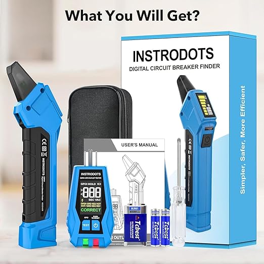 INSTRODOTS Circuit Breaker Finder, Digital Breaker Finder with GFCI Outlet Tester, AC 90-135V Electrical Circuit Tracer with Buzzer Alarm & Color LCD Display, Includes Batteries & Carrying Case