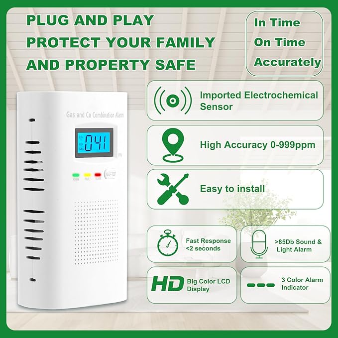 Combination Gas and Carbon Monoxide Detector Plug-in | CO Alarm & Natural Gas Combustible Detector | Digital Display, Battery Backup, Easy Install | for Home Kitchen Safety Monitoring 2-Pack