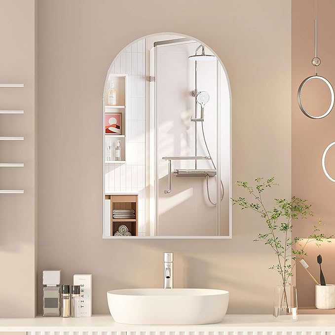 Arched Medicine Cabinet with Mirror,Brushed Nickel Mirror Cabinet with Storage,Adjustable Shelves, Wall Mounted Only, Modern Bathroom Storage,20x32 Inch