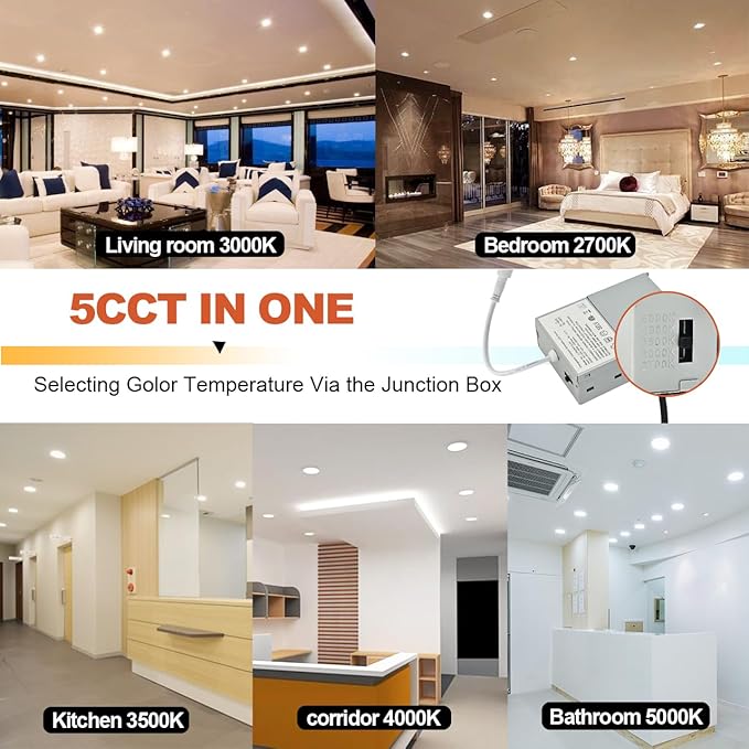 MKUJOO 96 Pack 4 Inch Ultra-Thin LED Recessed Ceiling Light with Junction Box,Panel Light,Daylight, 9.5W,2700K/3000K/3500K/4000K/5000K Selectable Dimmable Downlight ETL&FCC&CE Energy Star Certified