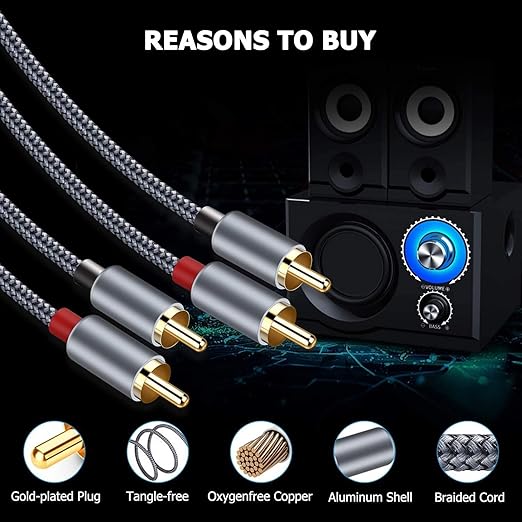 Goalfish RCA Cable, 20 Feet/6m Audio 2 Male to 2 Male Subwoofer Nylon-Braided Auxiliary Stereo Cord for Home Theater, HDTV, Amplifiers, Hi-Fi Systems, Speakers