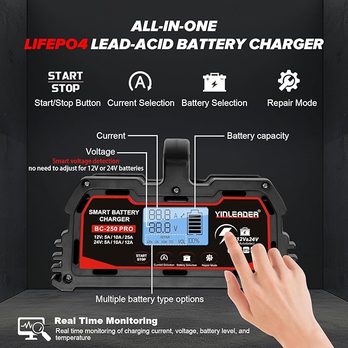 Battery Charger 25A, 12V/24V Lead Acid Smart Battery Charger, 12V LiFePO4 Car Battery Trickle Charger, Automatic Battery Maintainer for Car Motorcycle Lawn Mower Marine Boat Lead Acid Batteries