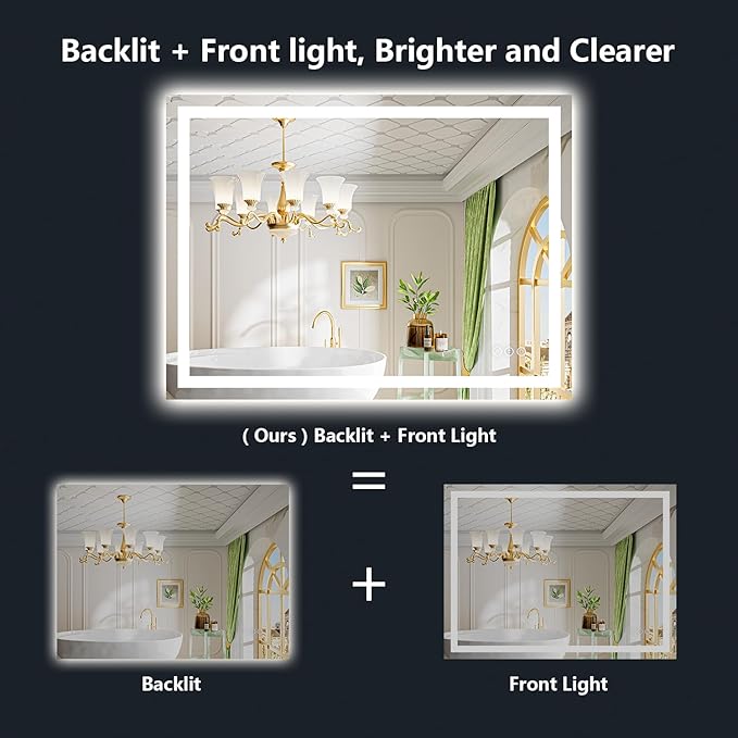 YEELAIT 50x36 Inch LED Bathroom Mirror with Lights Front and Backlit Lighted Vanity Mirror for Bathroom Wall with 3 Colors Dimmable Anti-Fog Memory Shatter-Proof IP54 Waterproof Horizontal/Vertical