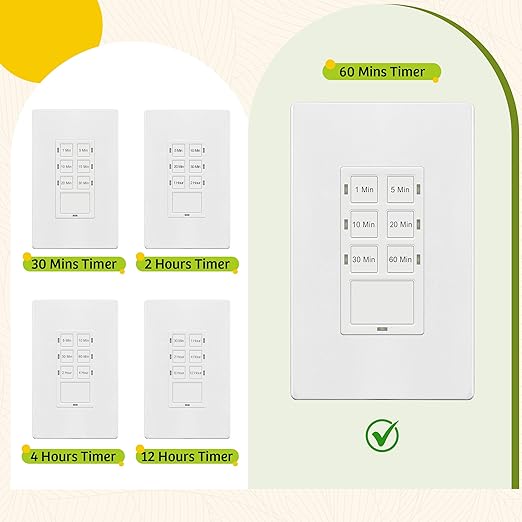 TG 1-Hour Countdown Timer Switch, for Bathroom Exhaust Fans, Heaters, Lights, LED Indicator, 120VAC 800W, No Neutral Wire Required, UL Listed, Screwless Wall Plate, White, 1 Pack