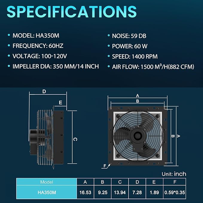 HG Power 14 Inch Shutter Exhaust Fan, 882CFM High-Speed Vent Fan, 1400RPM Wall Mounted Attic Fan with Steel for Shed, Garage, Greenhouse Ventilation, Black