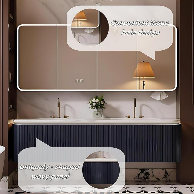 Bathroom Vanity with Double Sinks - LED Smart Defogging Mirror & Equipped with Tissue Hole | Modern Double Sink Bathroom Cabinet, 2 Drawers & Wavy Panel, Dark Blue (Mirror Cabinet, 80IN)