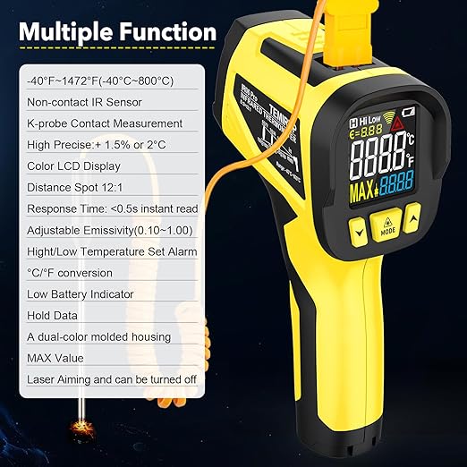 Infrared Thermometer Temperature Gun, TEMIRUP Non-Contact Digital IR Laser Temp Gun -58°F to 1472°F, K-Type Probe -40°F~1202°F, for Cooking, Pizza Oven, BBQ, HVAC, Home & Industrial