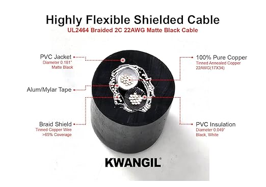 KWANGIL 2C 22AWG AMSB Shielded Cable Wire (UL2464) - Highly Flexible Str TC, PVC Ins, OS+TC BRD, PVC JKT for CNC Machine, Stepper Motor, VFD Spindle (Matte Black 50FT)