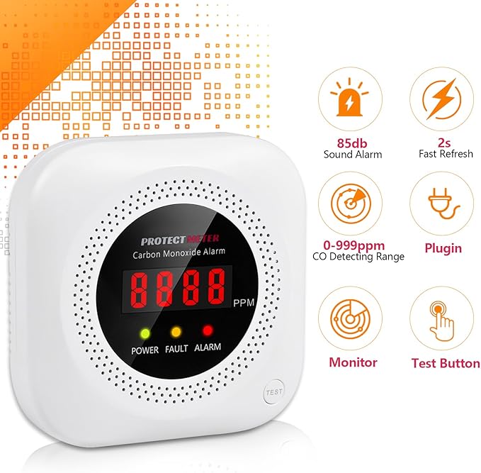 Carbon Monoxide Detectors, 2 Pack Protectmeter Portable Carbon Monoxide detectors Plug in Wall for Travel, CO Alarm/Monitor for Home/Hotel Room/RV with AC Socket with Digital LCD