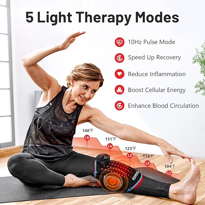 ROMISA Red Light Therapy Knee Brace & Vibration Knee Massage, 660nm & 850nm Rechargeable Near Infrared Light Therapy Device for Knee/Elbow/Shoulder for Cordless Use, Blue.