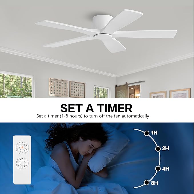 WINGBO 54" Flush Mount DC Ceiling Fans Without Lights, 5 Carved Solid Wood Blades, 6-Speed Reversible DC Motor, Low Profile Hugger Ceiling Fan No Lights for Living Room Bedroom Patio, Gloss White