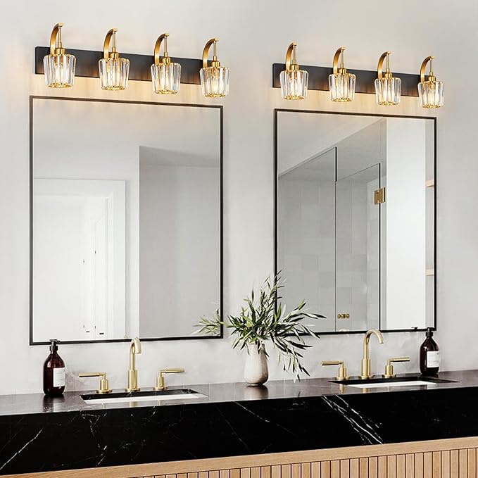 FDPBY Modern Bathroom Vanity Light, 4-Light Black Gold Wall Sconce with Crystal Accents, Over Mirror Bathroom Lighting Fixture, 32.67" Long Dimmable Vanity Lamp for Makeup, Easy Installation