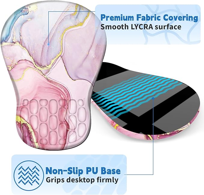 YIWEI Ergonomic Mouse Pad with Wrist Rest - Comfortable Office Mousepad with Memory Foam Wrist Support for Carpal Tunnel Relief, Mouse Pads with Non-Slip Base for Gaming and Home (Pink Marble)