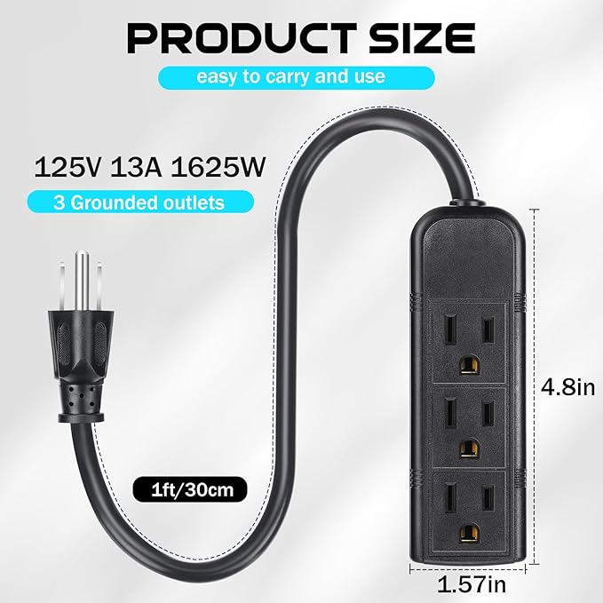 Copkim 12 Pack 3 Outlet Power Strip Extension Cord with Flat Plug Mini Cord 3 Ground Heavy Duty Mountable Outlets Strip for Computer Phone Home Office (1 ft,Black)
