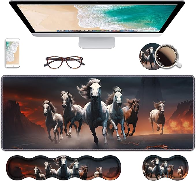 Ergonomic Keyboard Wrist Rest & Mouse Pad Wrist Rest Set, Large XXL Gaming Desk Mat 31.5"x 11.8" with Non-Slip Base, Memory Foam, Easy Typing Pain Relief for Home & Office, Running Horses