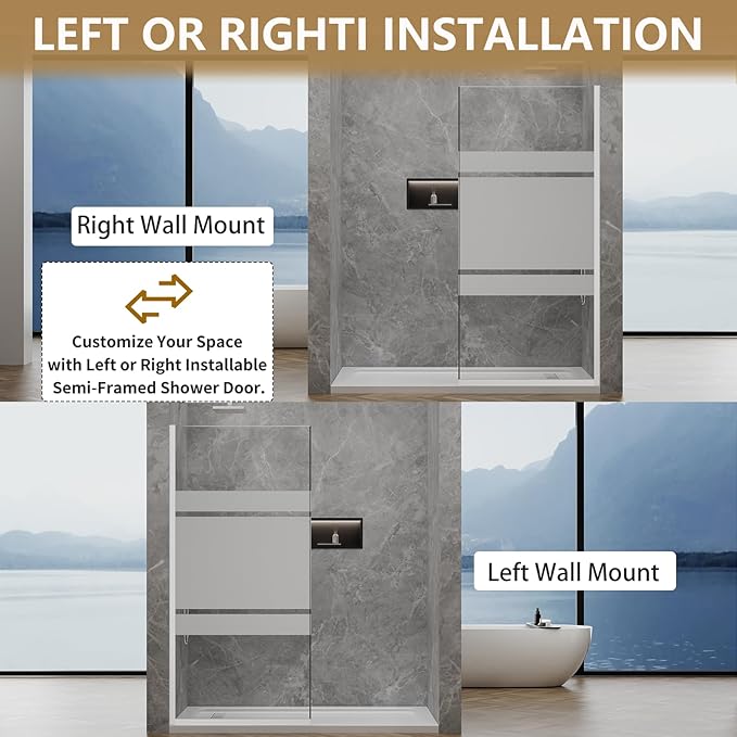 36"x76" Fixed Glass Shower Door, 3/8"(10mm) Thick Mid-Band Frosted Privacy Tempered Glass, Frameless Shower Glass Panel, Shower Screen Half Wall for Walk in Shower, Brushed Nickle