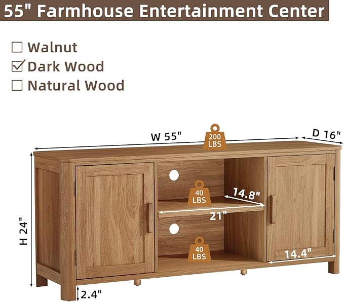 Joaxswe Farmhouse 55" Entertainment Center,Dark Wood Tv Stand with Adjustable Shelves & 2 Door Storage,Wooden Media Console Cabinet for TVs Up to 65 inches, Rustic Tv Stands for Living Room,Bedroom