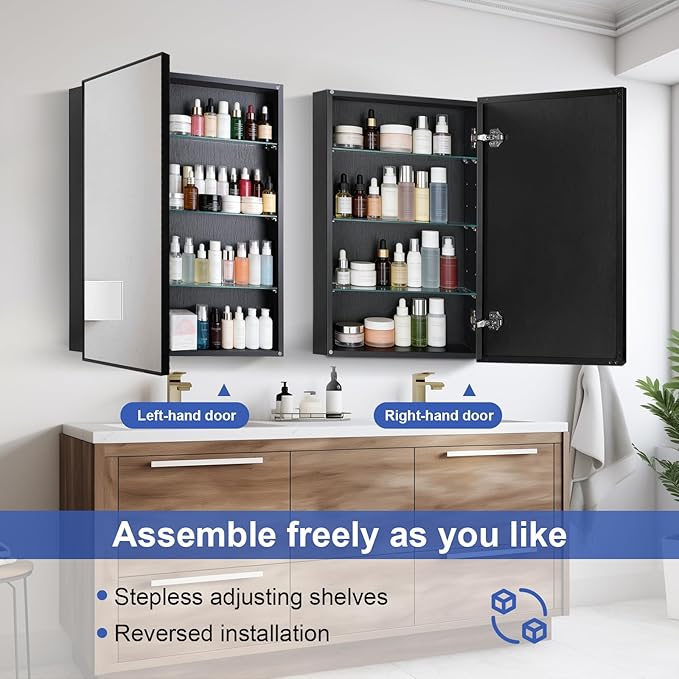 Medicine Cabinet with Mirror, 20x30 Inch Rectangle Wall Mounted Bathroom Vanity Mirror with Storage & Adjustable Tempered Glass Shelves Medicine Cabinets for Bathroom, Black