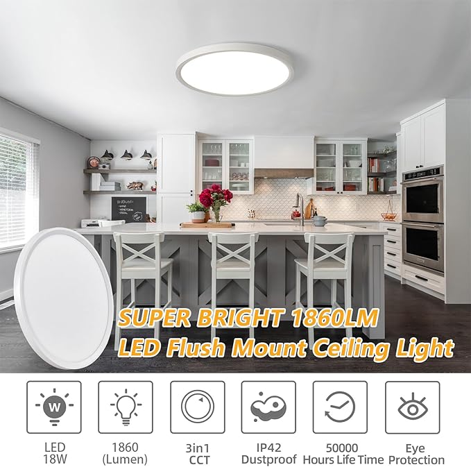 RLEDPZTX Led Flush Mount Ceiling Light,9 Inch 18w 1860lm,3000k/4000k/6000k 3CCT Selectable, Round Modern Flat Panel Super Slim Led Ceiling Light,for Living Dining Kitchen Bedroom Room (6Pack-White)
