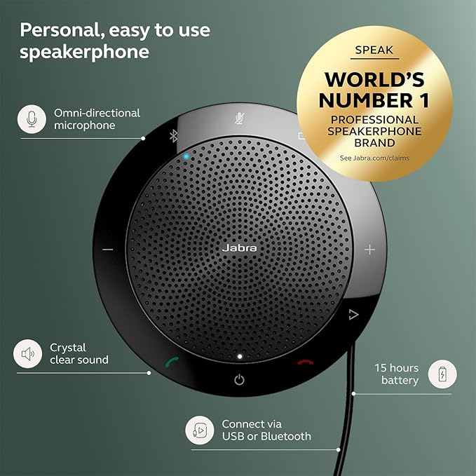 Jabra Speak 510 (2025 Edition) Portable, USB or Wireless Bluetooth Speaker for Meetings and Calls with Crystal-Clear Sound, Works with All Meeting Platforms - Microsoft Teams, Google Meet, Zoom, Black